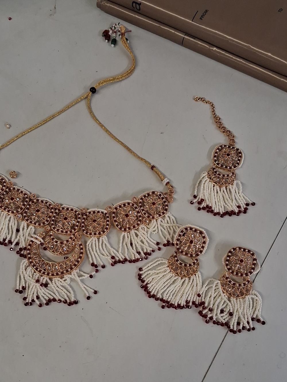 NWT Pakistani Bridal Choker Necklace Set, Gold Red White